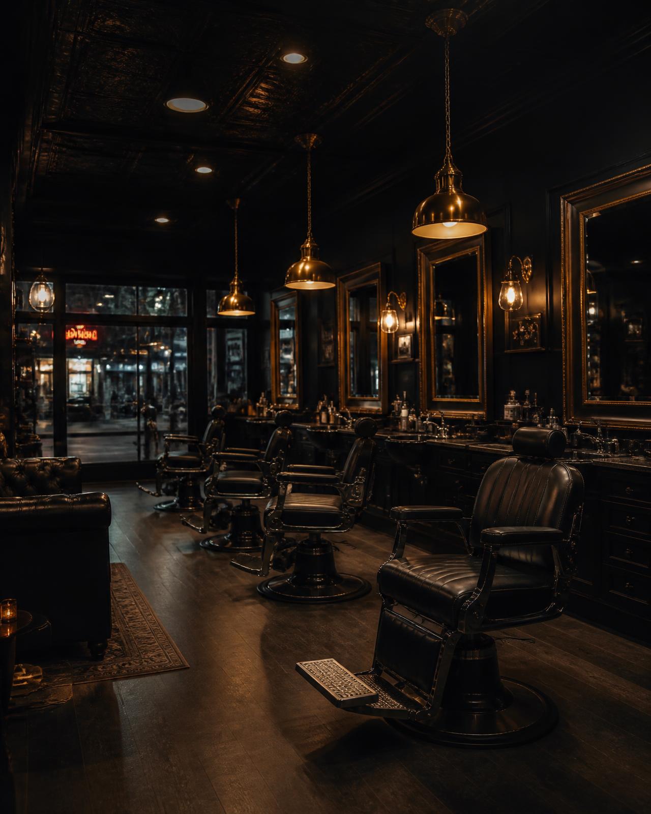 The Crown Barbershop floor at night with brass pendant lighting