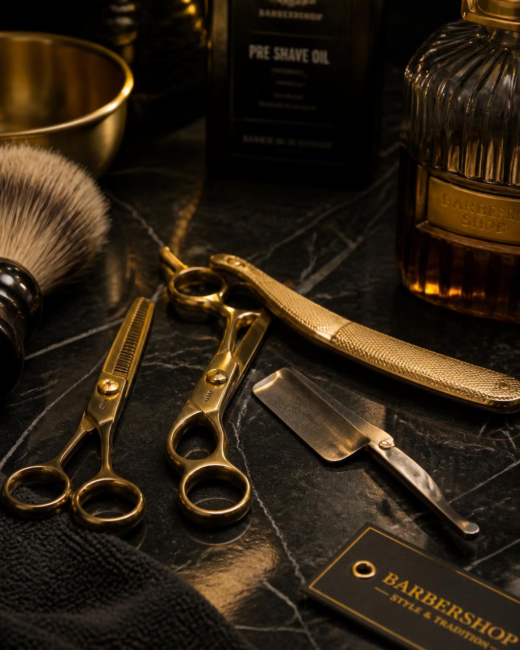 Gold barber shears and straight razor on black marble